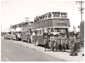 photo: recruits from no. 2 national service training unit, 1 flt, 17th intake. rathmines on way to or from training mission at gan gan army camp, nelson bay road, port stephens, nsw, november 1956. corporal john denman at the front of the image in an airforce cap.l